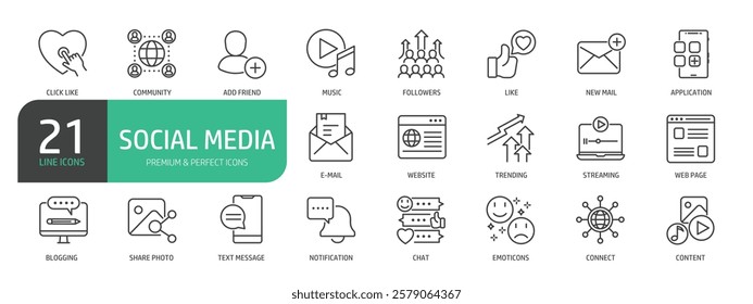 Set Of Social Media Line Icons. The set includes a Application, Followers, E-mail, Website, Streaming, Blogging, Chat, Content, Web Page  and more.