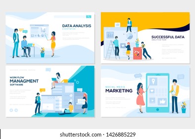 Set of social media marketing, data analysis, management app, consulting, business project. Vector illustration for mobile website and website development. Modern web page design templates 