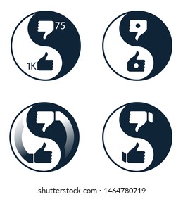 Set of social media or social network like icons. Like and dislike inside yin yang symbol. Illustration of social vote and opinions about post, video or . Flat vector illustration.