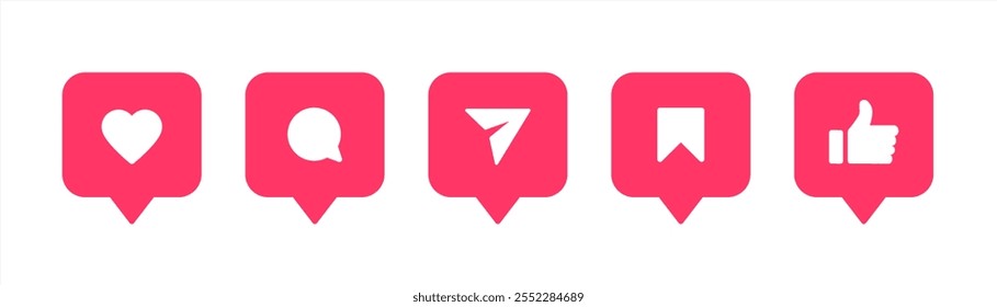 Guardar Establecer iconos funcionales de notificación de redes sociales como, usuario, amigo, corazón, pulgar hacia arriba, volver a publicar, ver, comentar, compartir, enviar mensaje, historias usuario Botón Iniciar sesión de la burbuja de discurso, Vector 10 eps.