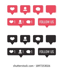 Set of social media notification pink and black icon - like, follower, comment, follow us button isolated on white background.  Computer web site and mobile app design 3d and flat. Vector illustration