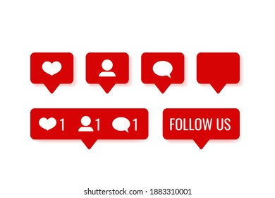 Set of social media notification red icon - like, follower, comment, follow us button isolated on white background.  Computer web site and mobile app design. Vector illustration