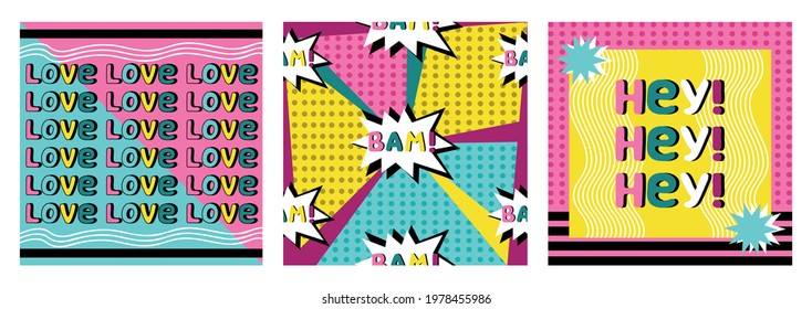 Set of social media pack template. Modern square web banner for mobile apps. Geometric abstract pattern frame and background layout. 90's style 