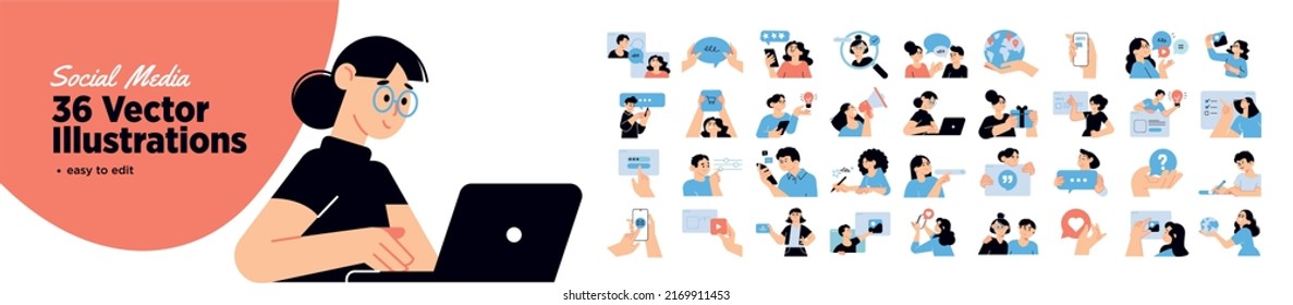 Un conjunto de ilustraciones de personas en medios sociales. Ilustraciones vectoriales de diseño plano de redes sociales, marketing digital, comunicación en línea, servicios de internet. 