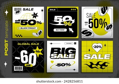 Set of social media post about sale. Modern square banner template in Y2k style. Futuristic design elements. Suitable for post, flyer and web internet ads. Vector geometry illustration and text frame