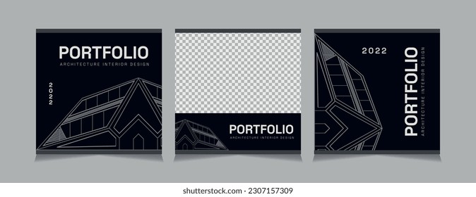 Set of social media post for architecture, simple black and white square architecture post design