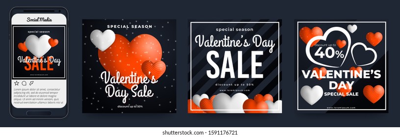 Set of Social Media Post Banner Promotion for Valentine's Day Event in Black Background