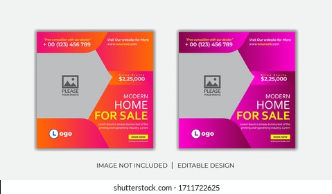 Set of Social Media Post, banner, Story for Real estate social media post templates for gradient color. real estate square editable banner template. Minimalist design.