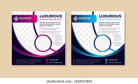 set of social media post banner design. Headline is luxurious home for sale or rent. Space of photo collage and text. Advertising banner with square layout background. blue and purple curve element.