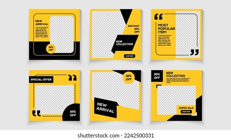 Set of Social Media Post, Black and yellow background color with stripe line shape.