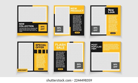 Conjunto de publicaciones de medios sociales, color de fondo negro y amarillo con forma de línea de banda.