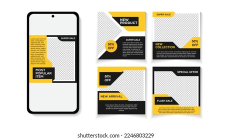 Conjunto de publicaciones de medios sociales, color de fondo negro y amarillo con forma de línea de banda.