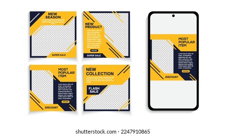 Set von Social Media Post, schwarz-gelber Hintergrund Farbe mit Streifen Linie Form.
