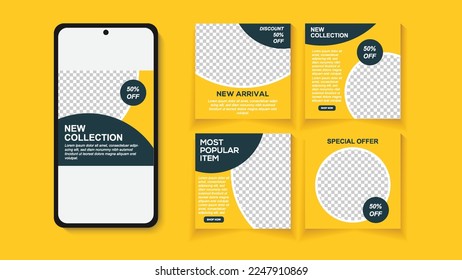 Set of Social Media Post, Black and yellow background color with stripe line shape.