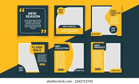 Set of Social Media Post, Blue dark and yellow background color with stripe line shape. Suitable for social media post and web internet ads. Vector illustration with photo college