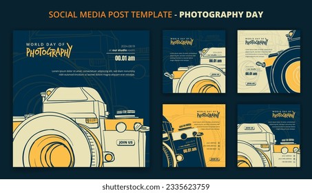 Set of social media post in blue background with flat camera design for world photography day