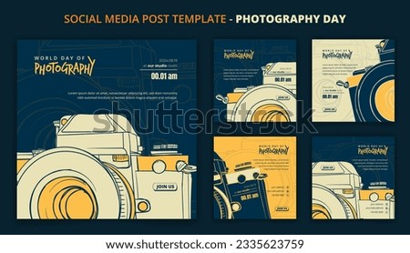 Set of social media post in blue background with flat camera design for world photography day