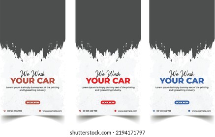 Set Of Social Media Post Car Wash. Car Wash Story Advertising Offer, Automobile Cleaning