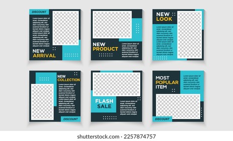 Set of Social Media Post, Dark blue background color with stripe line shape. Modern elegant sales and discount promotions.