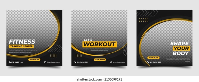 Set of Social media post design template for gym, fitness, and workout promotion. Flat design vector with place for the photo. Usable for social media post, banner, and web.