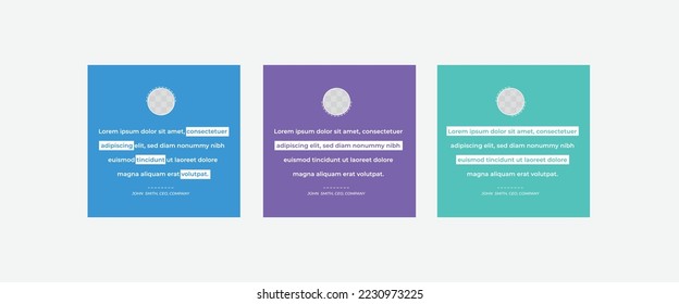 Conjunto de plantillas de diseño de publicaciones en medios sociales para cotizaciones. Cotizar plantilla de marco con espacio para copiar texto con un color diferente. Texto entre corchetes.