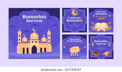 Set Social Media Post Design Template Ramadan Kareem. Flat Design Hand Drawn Illustration in Purple Color. Background collection