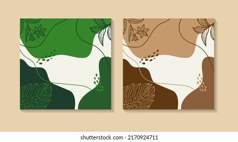 Conjunto de publicaciones en medios sociales en tonos tierra. Plantilla cuadrada con espacio de copia para texto. formas orgánicas y elementos naturales para aplicaciones móviles, tarjetas, invitaciones, diseño de banners. colores verdes y marrones
