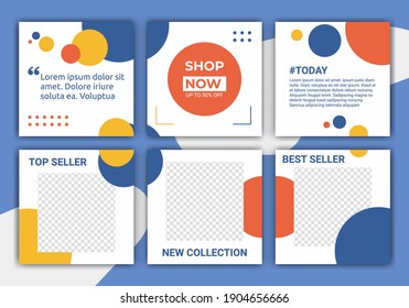 Set of social media post feed template designs. Summer clearance sale. Promotion fashion brand. Abstract pattern with pastel blue, yellow, orange and white. Vector illustration for ig post