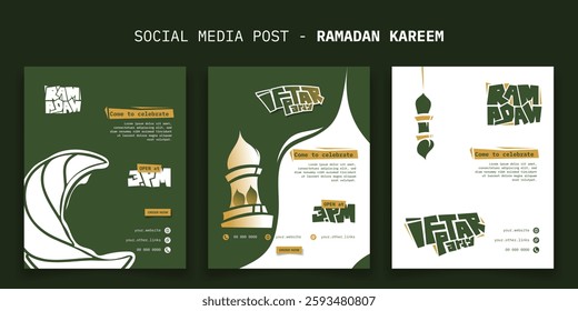 Set of social media post in green white portrait design for ramadan iftar party with lantern and crescent moon. islamic background in green design