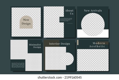 Set Of Social Media Post Instagram Template For Interior Design, Furniture, Real Estate, Beauty. Green Background Color With Photo College