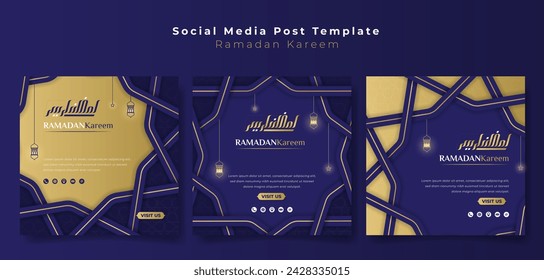 Set of social media post in islamic purple and gold background with ramadan calligraphy design. purple and gold islamic background with line art of lantern and star. arabic text mean is ramadan kareem