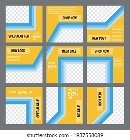 Set of social media post puzzle templates with yellow color and triple stripe. Suitable for social media, promotion, advertising, etc.
