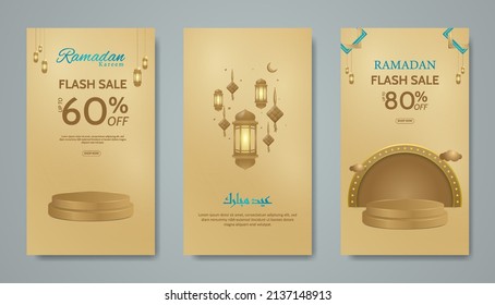 Ramadan-Geschichten verkaufen Banner, Poster, Flyer für Promotion auf sozialem Medienbeitrag mit Podium-Konzept. 3D-Vorlage für Vektorgrafik-Kollektion 