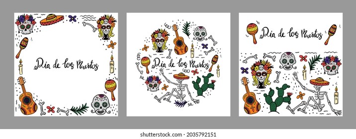 set of social media post square cards with sugar skulls for Mexican national holiday Day of the dead. Festive banner templates. Vector flat illustration.