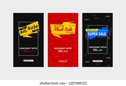 Set social media post template, swipe up story set banner sale.mobile promotion.modern vector illustration