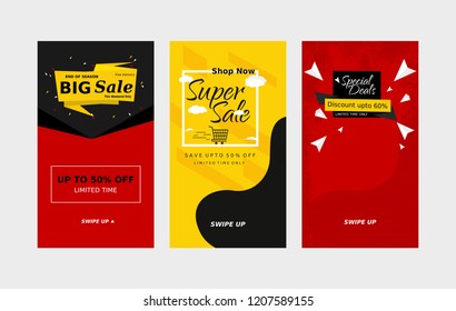 Set social media post template, swipe up story set banner sale.mobile promotion.modern vector illustration