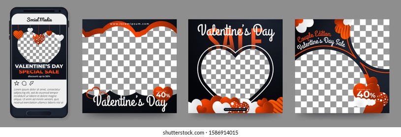 Set of Social Media Post Template for Valentine's Day Season with Trendy Design in Black Background