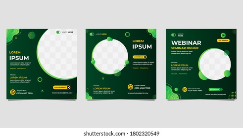 Set Of Social Media Post Template With Wave Background, Suitable For Webinar, Seminar, Live Radio And Other Event. Vector Graphic Of Gradient Green Background