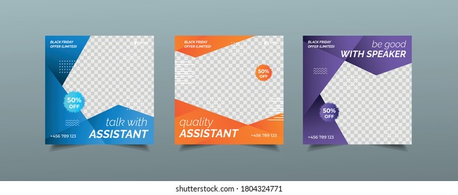 Set of Social media post template, Editable Square Banner Design, web banner ads, Black and red shape, space for photo vector illustration