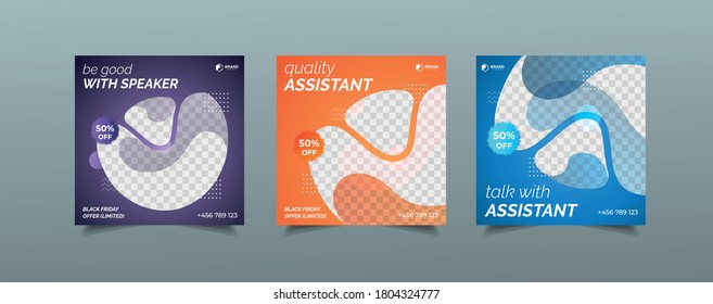 Set of Social media post template, Editable Square Banner Design, web banner ads, Black and red shape, space for photo vector illustration
