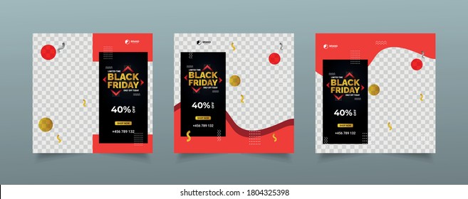 
Set of Social media post template for Black Friday, Editable Square Banner Design, web banner ads, Black and red shape, space for photo vector illustration