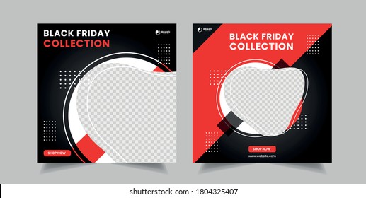 
Set Of Social Media Post Template For Black Friday, Editable Square Banner Design, Web Banner Ads, Black And Red Shape, Space For Photo Vector Illustration