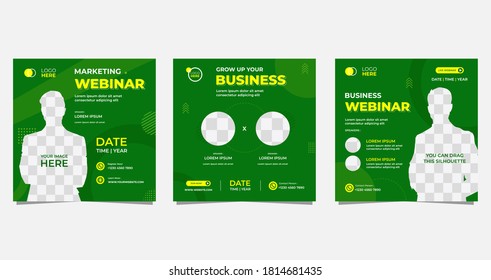 Set of social media post template for Business Webinar, Marketing Webinar, and other seminars. with Green and Yellow background