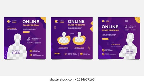 Set of social media post template for Online class program, Online Education, and other E-Learning. with Purple and Yellow background