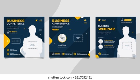 Set of social media post template for Business conference Webinar, Marketing Webinar, and other seminars. with Navy and Orange background