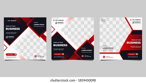 Set Of Social Media Post Template With Black, Red And White Background For Business Webinar, Digital Marketing, Seminar, Online Education, Flyer, Banner Etc