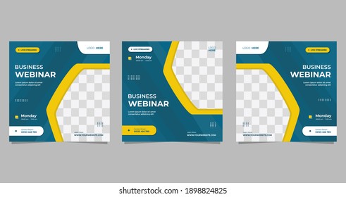 Set of social media post template for Business webinar, Marketing Webinar, Online education and other seminars. with Green and yellow background