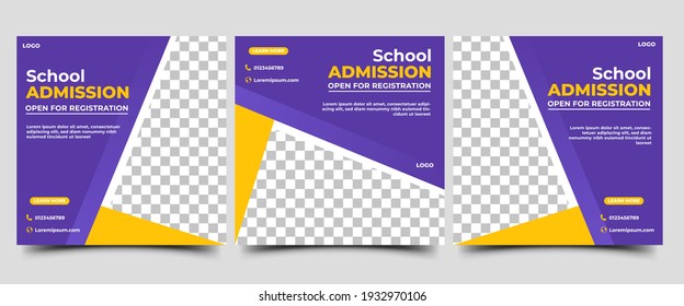 Set Of Social Media Post Template For School Admission. Modern Banner With Purple And Yellow Background Color Shape. Vector Design With Photo Collage. Suitable For Social Media, Flyers, And Web Ads.