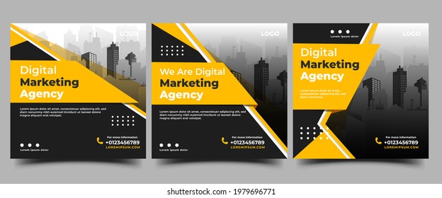 Set of Social media post template for business promotion. Modern banner with a black background and yellow shape.