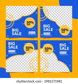 Set of Social media post template, Editable template post for social media ad. web banner ads for promotion design with blue and yellow. Modern promotion square web banner for social media mobile apps